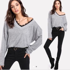 Brand New Gray & Black Lace Trim Sweater